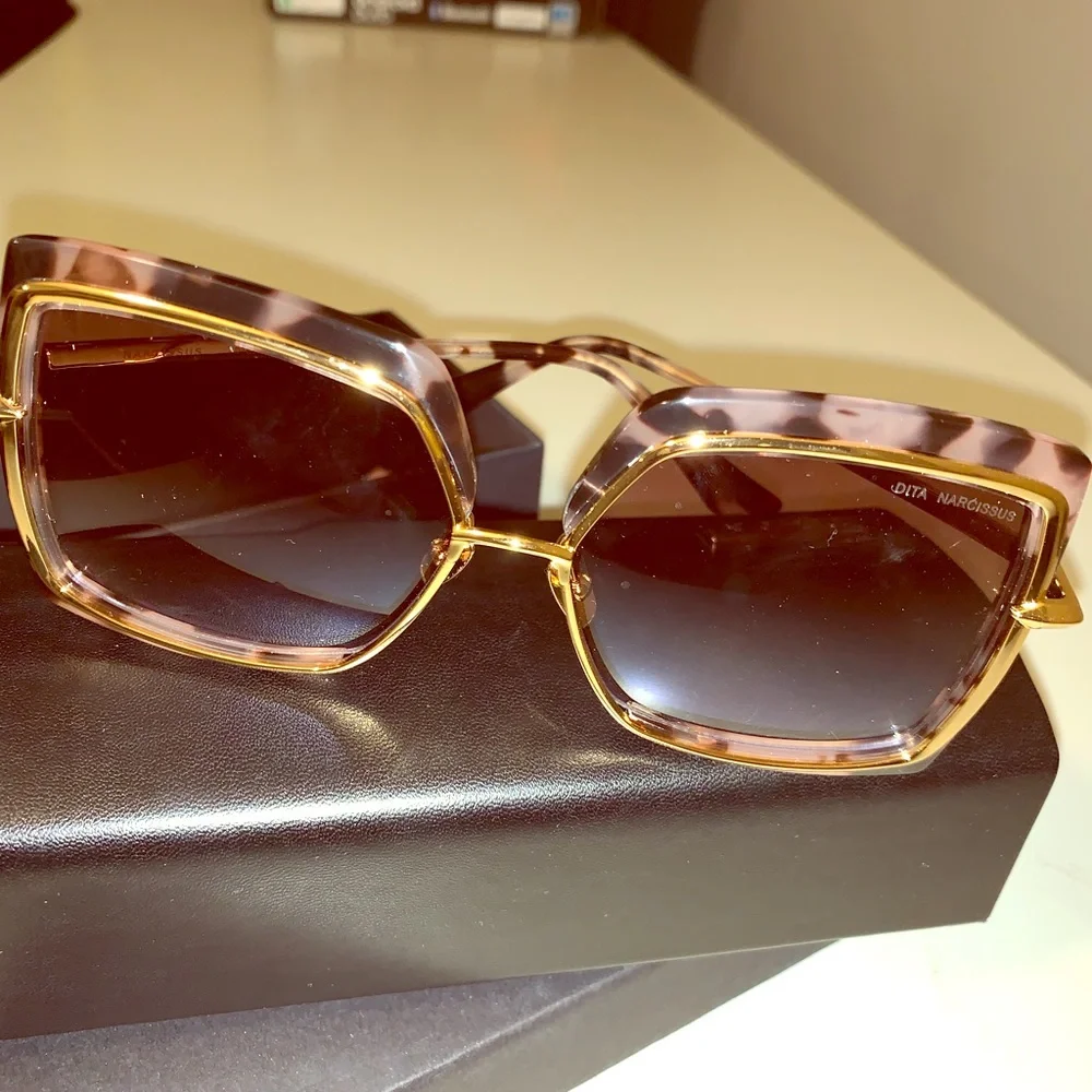 DITA Pink Tortoise Gold Trim Hexagonal Sunglasses - Picture 1 of 4